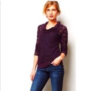 Anthropologie Lilka Lace Cowl Neck Knit Sheer Top Dark Purple Size Small
